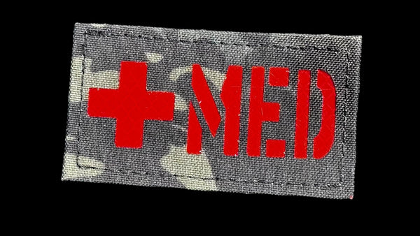 Med Patch, 3.5x2 inch, black camo fabric red reflective lettering, velcro backed
