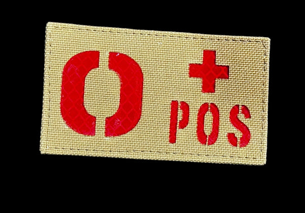Blood Type O+ patch, 3.5x2 inch, tan fabric reflective red lettering, velcro backed
