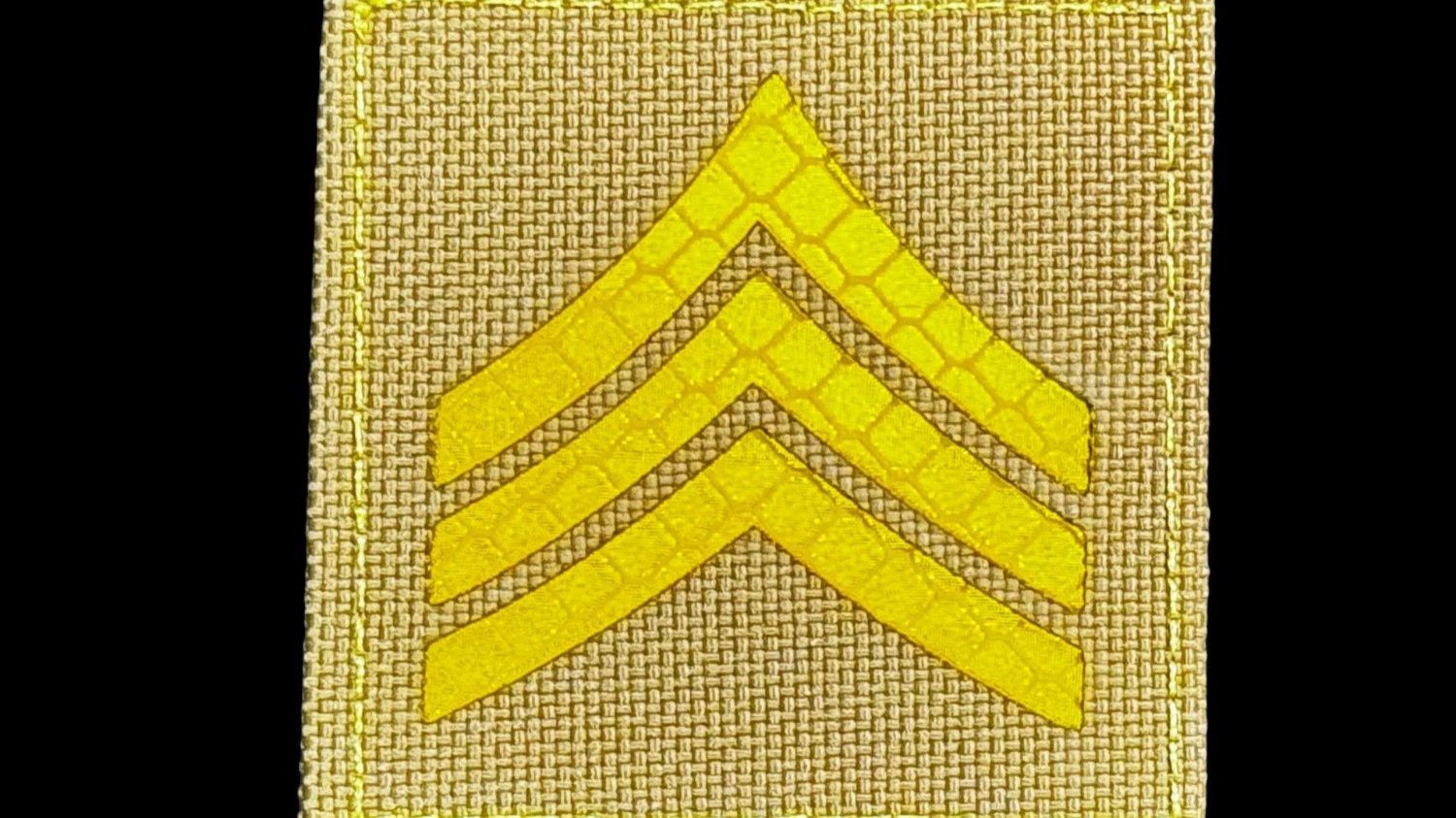 Sergeant Stripes patch, 2x2 inch, tan fabric reflective yellow stripes, velcro backed