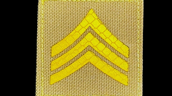 Sergeant Stripes patch, 2x2 inch, tan fabric reflective yellow stripes, velcro backed