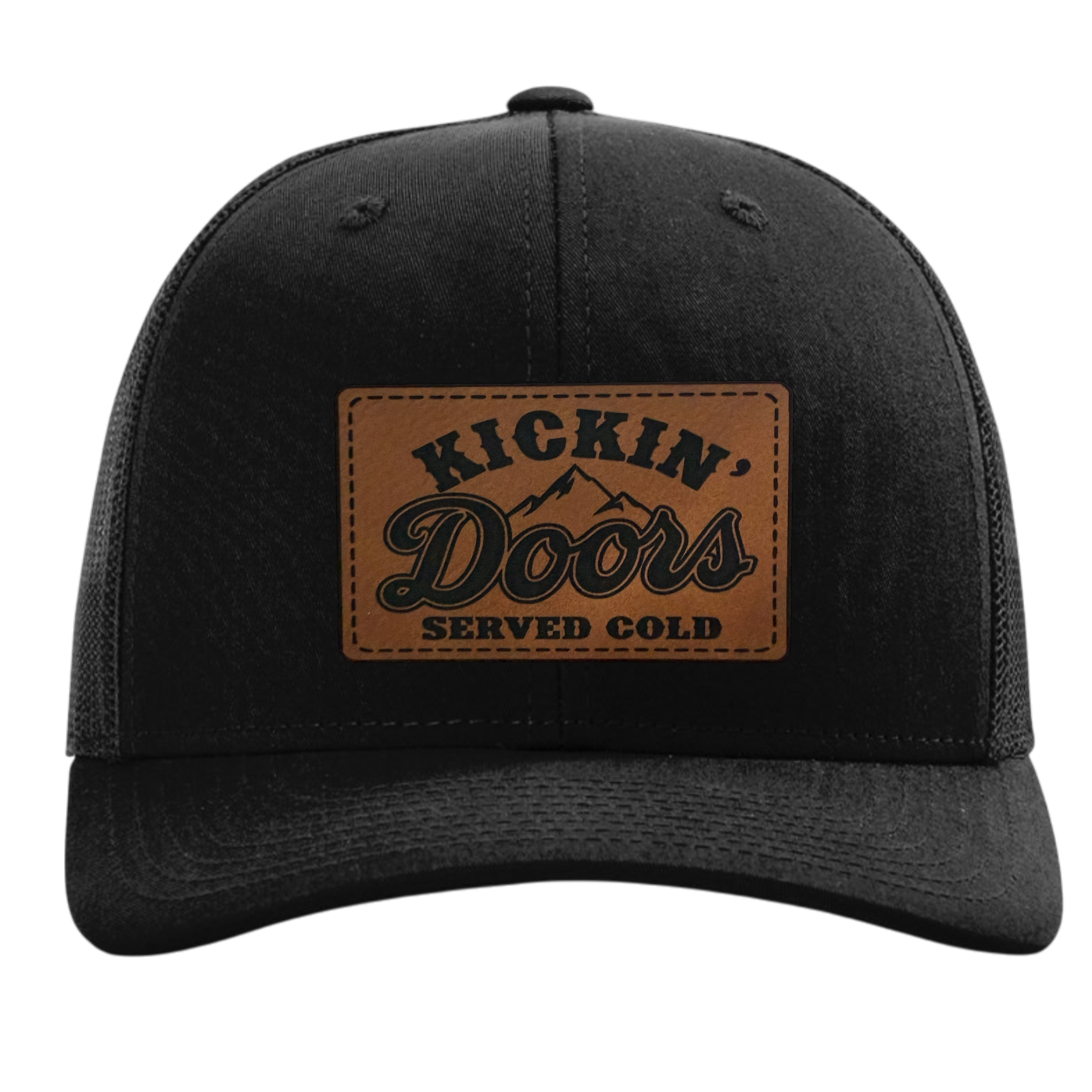 Kickin' Doors "Served Cold" Leather Patch Trucker Hat – Snapback Mesh Cap