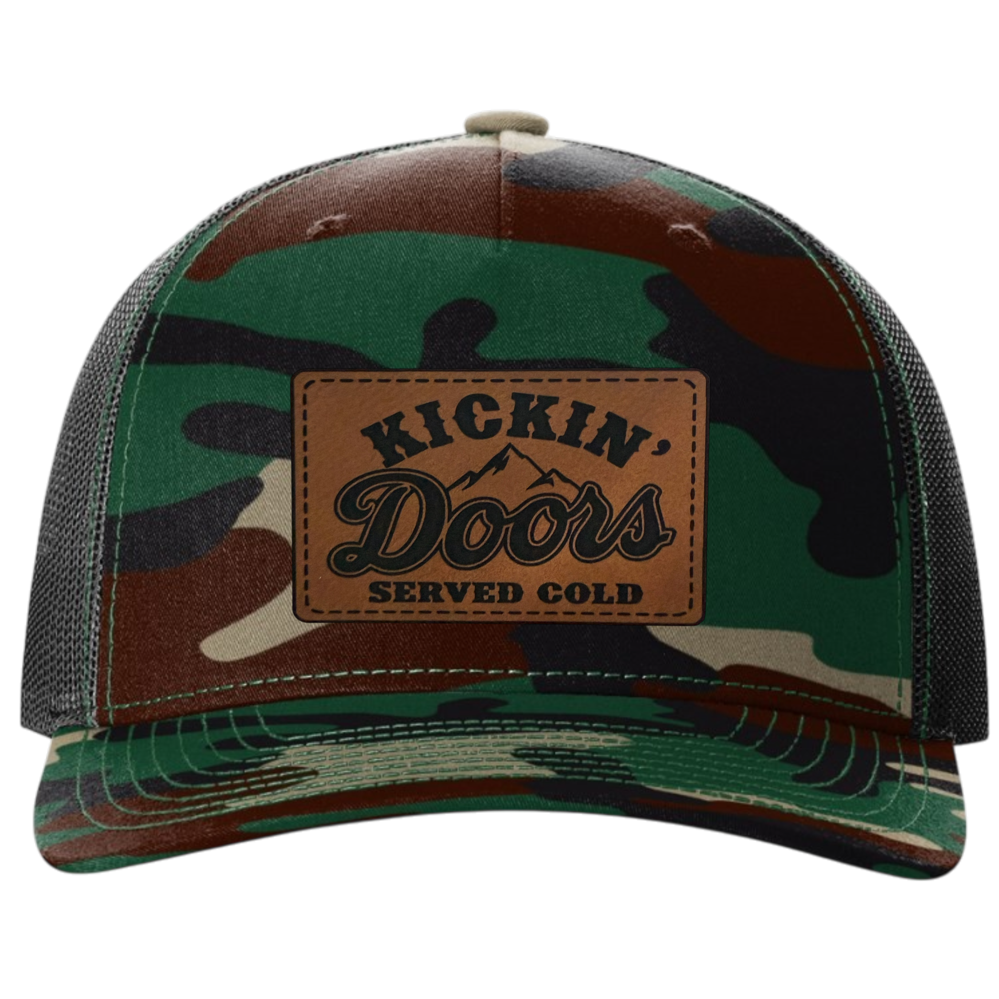 Kickin' Doors "Served Cold" Leather Patch Trucker Hat – Snapback Mesh Cap