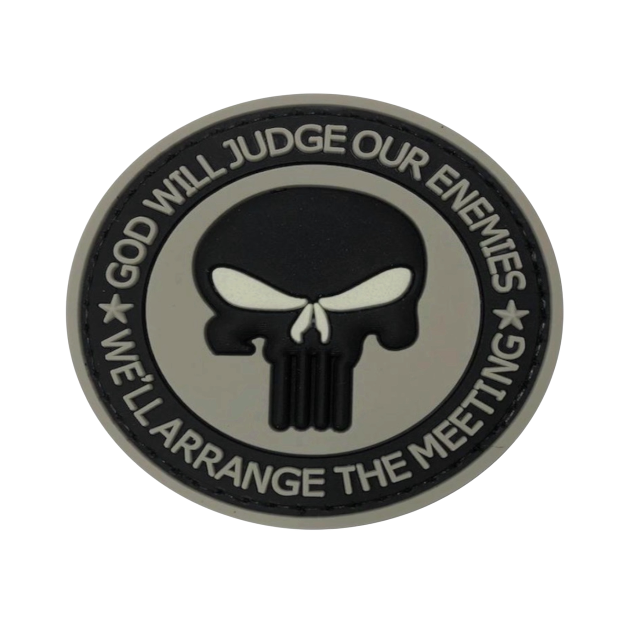 God Will Judge PVC morale patch, 2.2 inch round, military tactical, velcro backed
