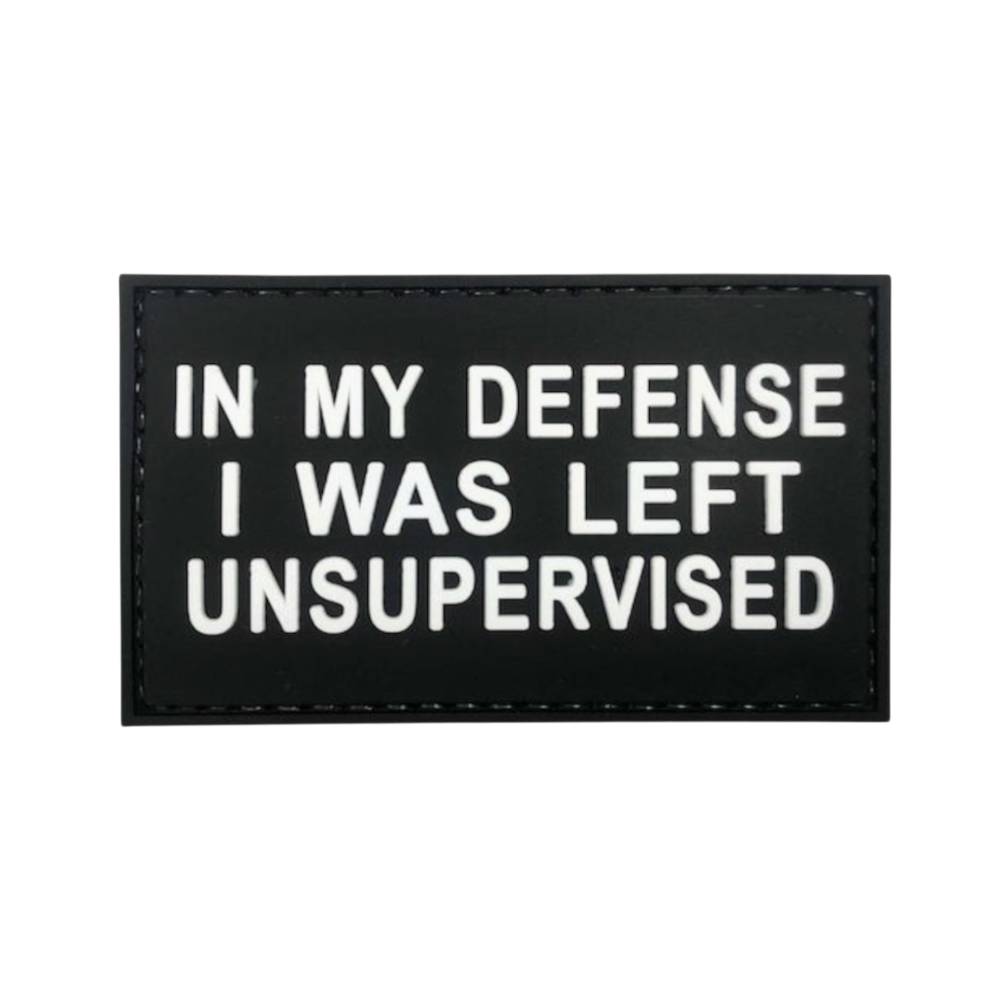 In My Defense PVC morale patch, 3x2 inch, funny relatable, velcro backed