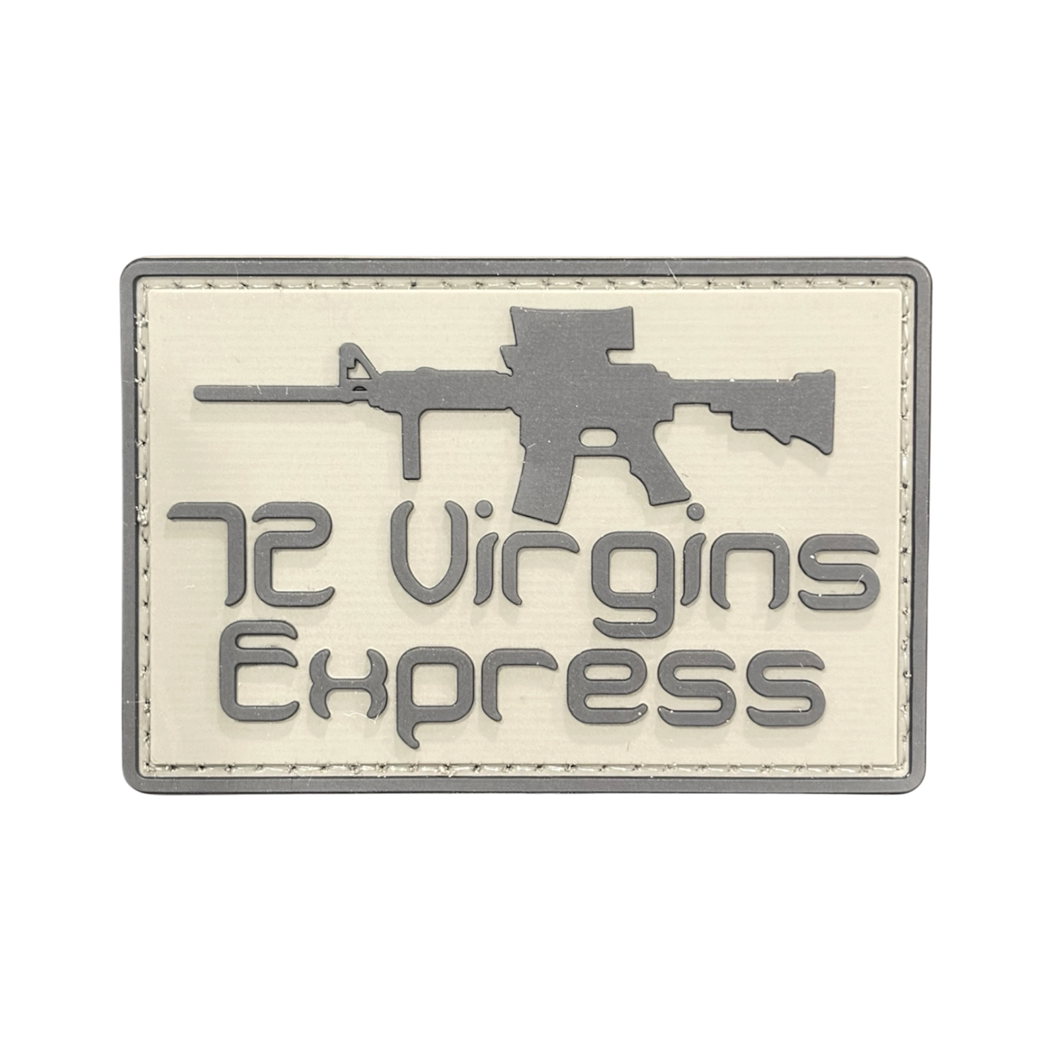 72 Virgins Express PVC morale patch, 3x2 inch, military humor, velcro backed