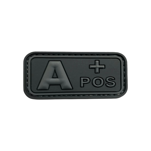 Blood Type Black Dark Gray Small Rectangle PVC patch, 2x1 inch, subdued blackout, velcro backed
