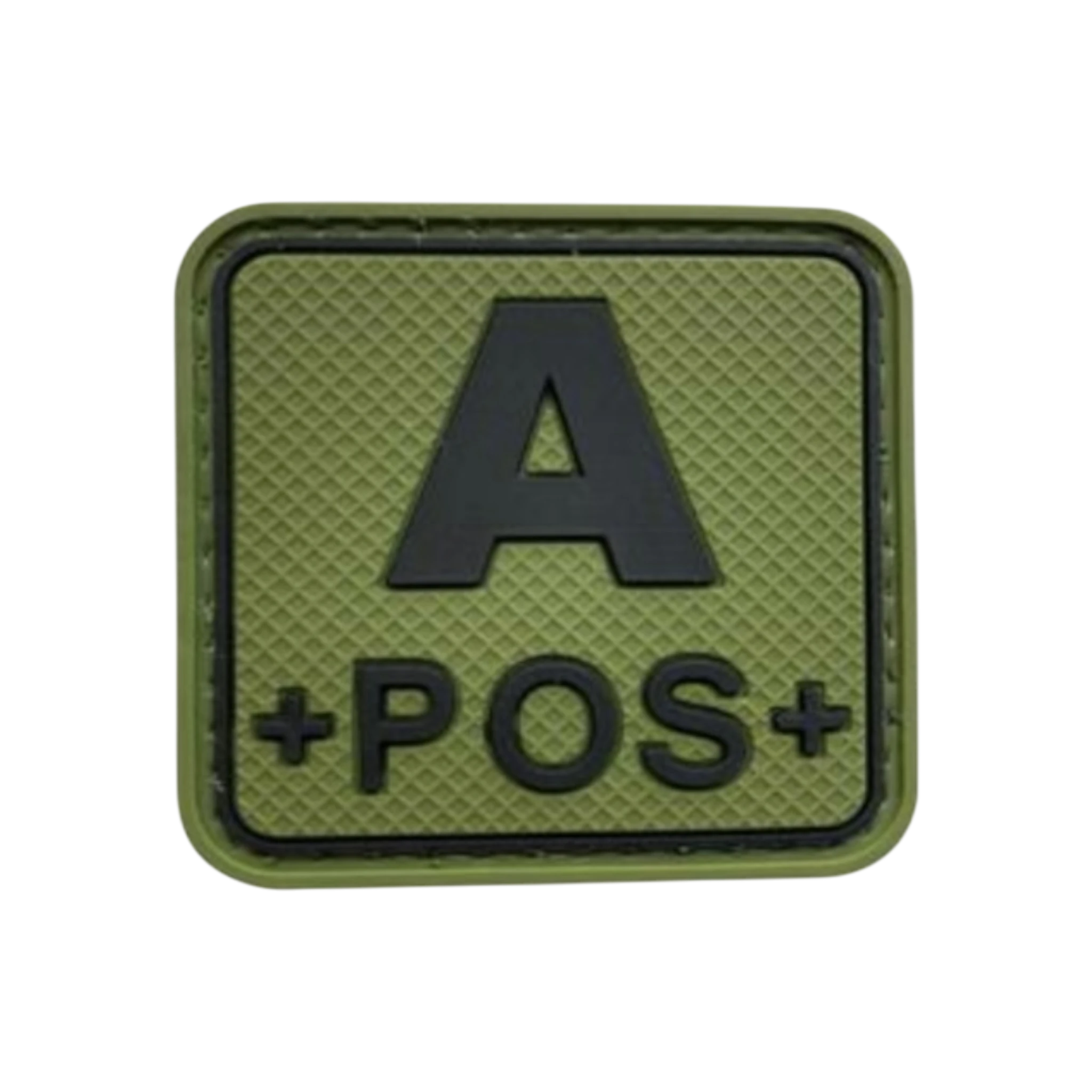 Blood Type Green Black Square PVC patch, 2 inch, velcro backed, ranger green tactical