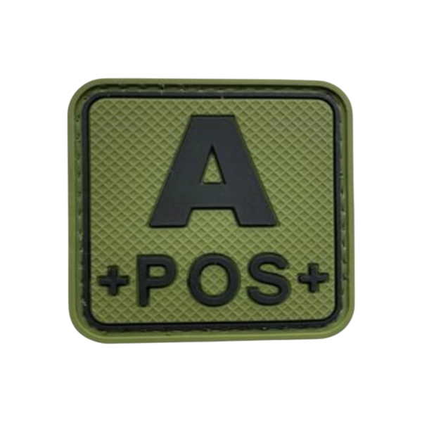 Blood Type Green Black Square PVC patch, 2 inch, velcro backed, ranger green tactical