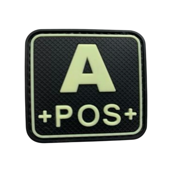 Blood Type Glow in the Dark Square PVC patch, 2 inch, velcro backed, tactical medical identification