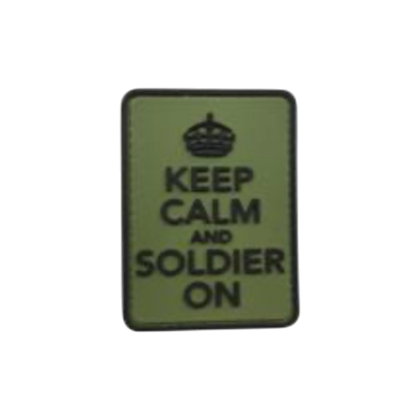Keep Calm and Soldier On PVC morale patch, 2.8x3 inch, military motivational, velcro backed