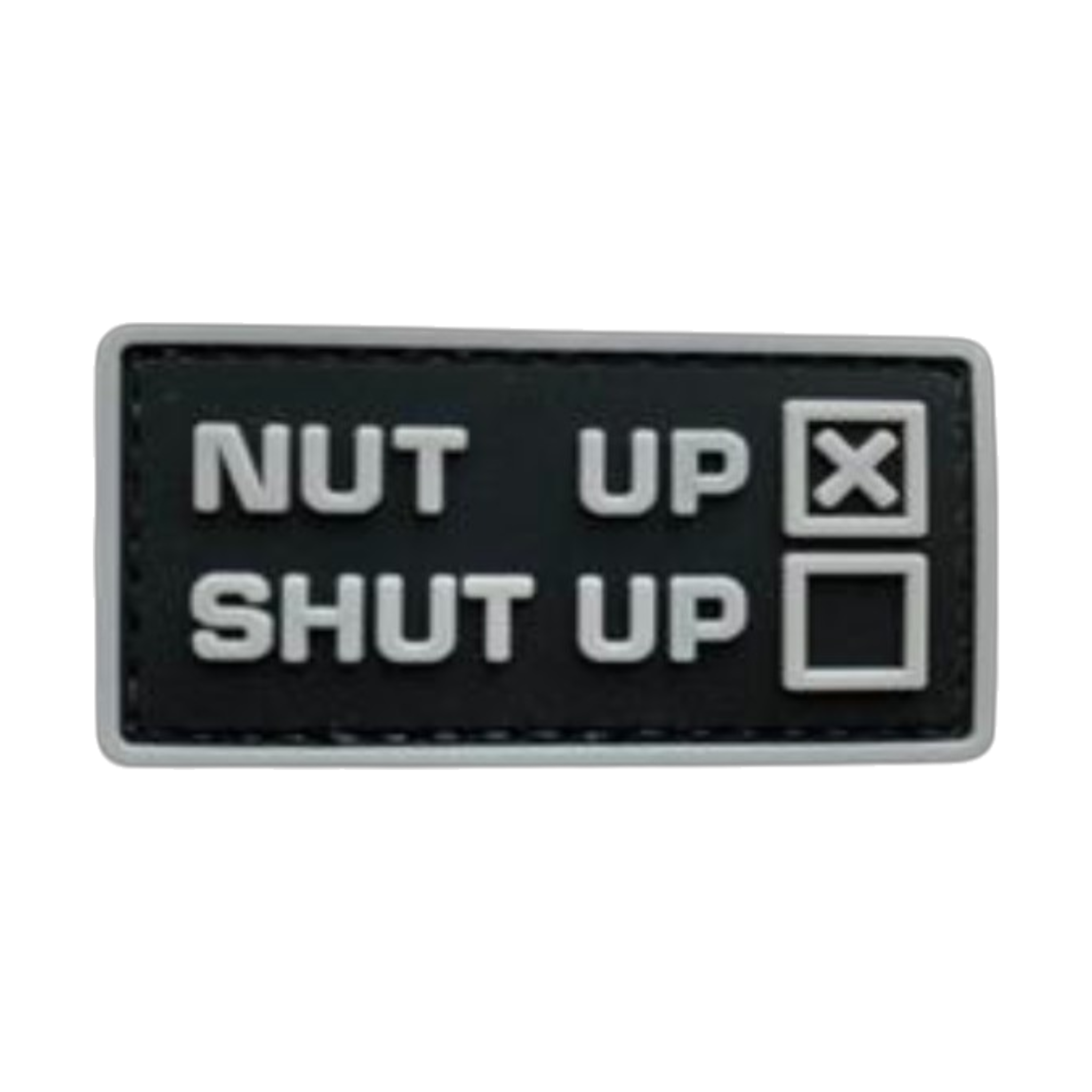 Nut Up Shut Up PVC morale patch, 2.3x1.2 inch, velcro backed