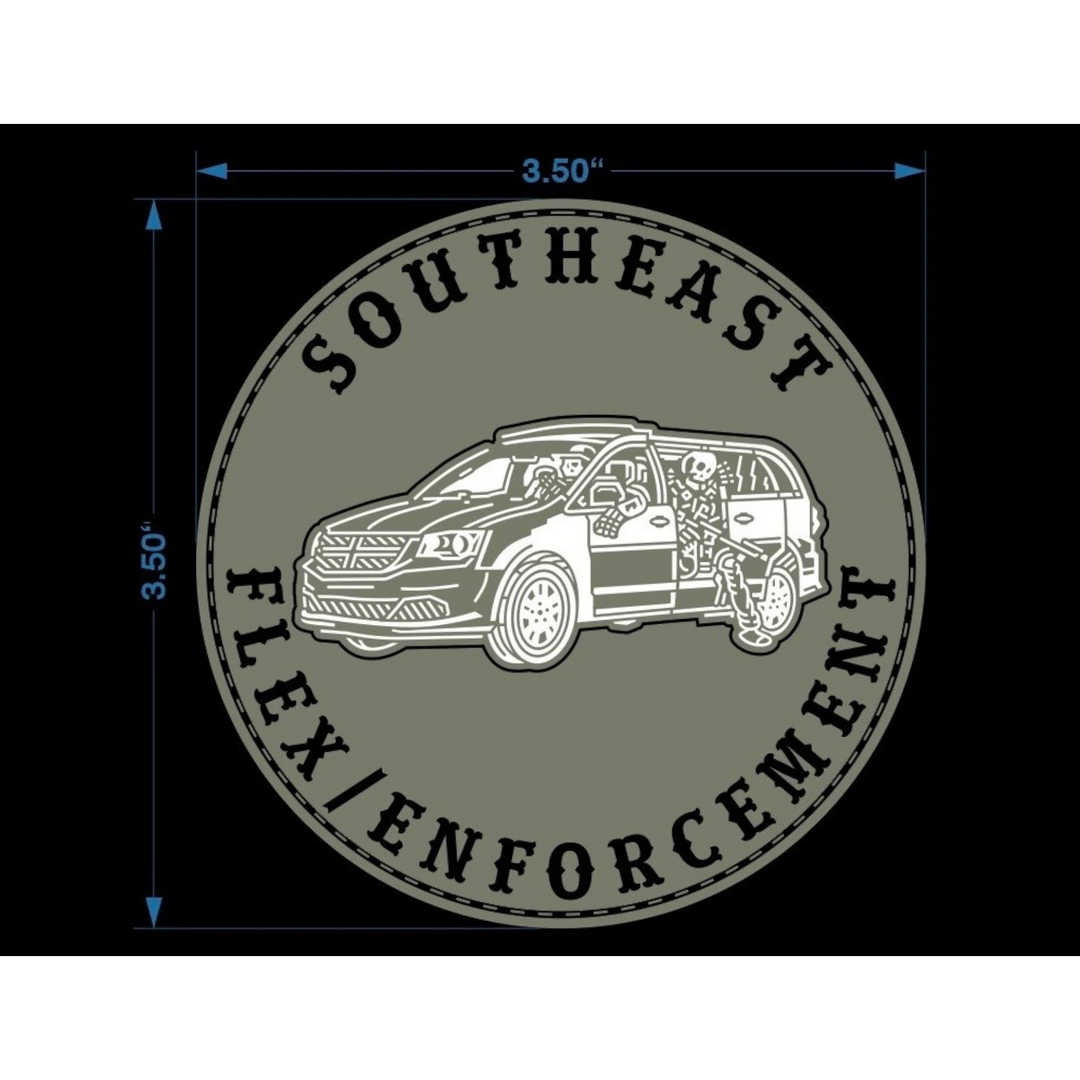 The Tac Patch SEAC Flex Enforcement PVC patch features a grey minivan with skeleton figures driving and holding weapons. Velcro backed.