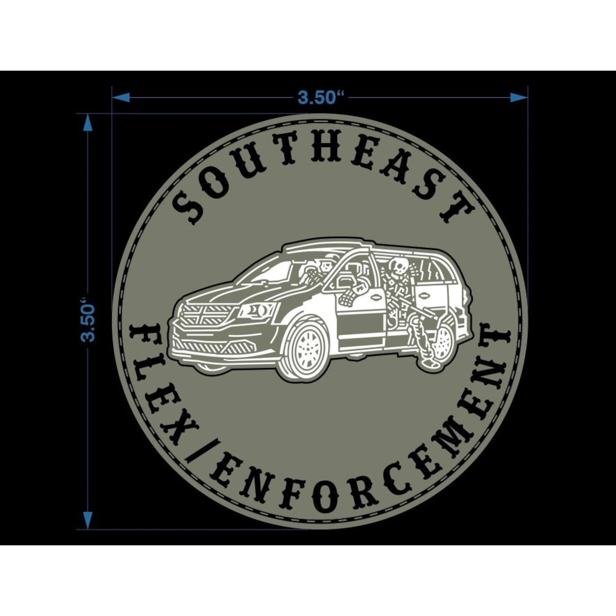 The Tac Patch SEAC Flex Enforcement PVC patch features a grey minivan with skeleton figures driving and holding weapons. Velcro backed.